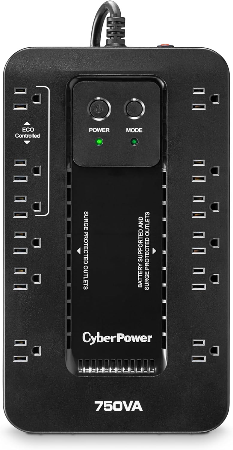 CyberPower نظام UPS لحماية البطارية الاحتياطية والجهد الزائد EC750G، 750VA/450W، 12 مخرج، وضع ECO، مزود طاقة غير منقطع مدمج، أسود - Image 1